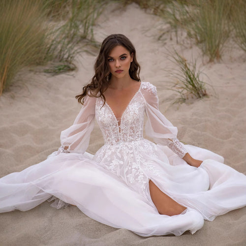 Boho Long-Sleeve Lace Wedding Dress with High Slit - product photo