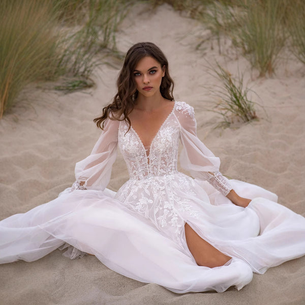 Boho Long-Sleeve Lace Wedding Dress with High Slit - product photo