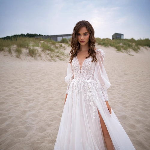Boho Long-Sleeve Lace Wedding Dress with High Slit - product photo 2