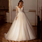 V-Neck Long-Sleeve Lace Ball Gown Wedding Dress - product photo