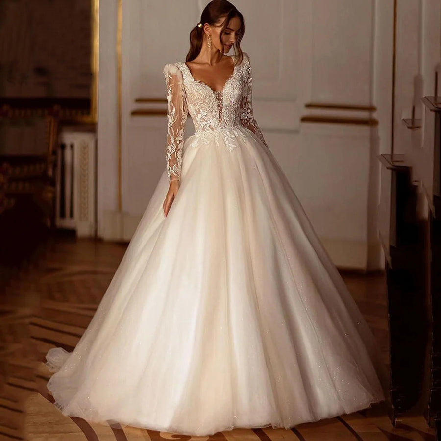 V-Neck Long-Sleeve Lace Ball Gown Wedding Dress