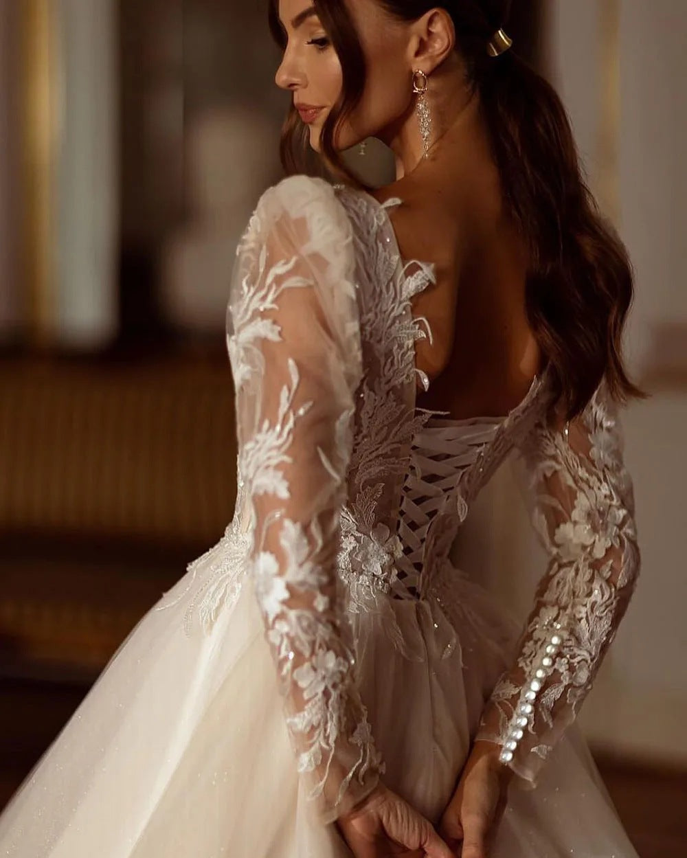 V-Neck Long-Sleeve Lace Ball Gown Wedding Dress - product photo 2