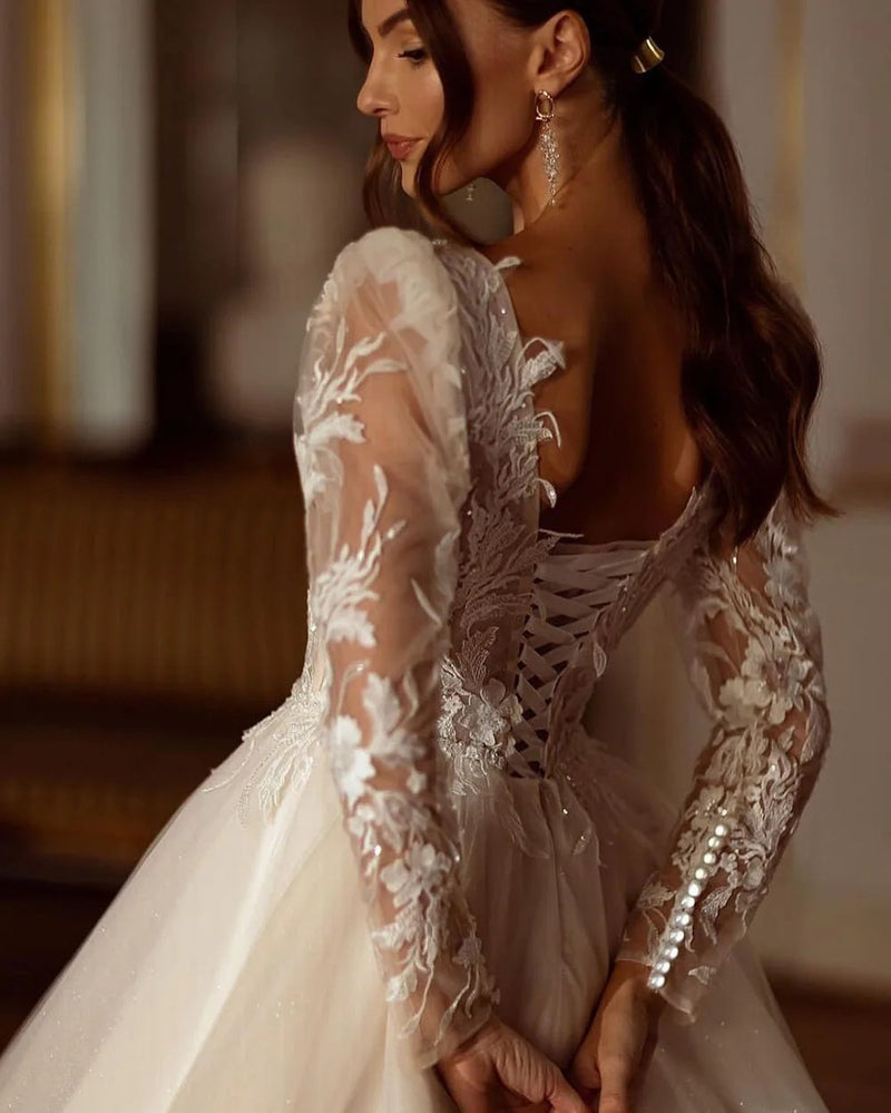 V-Neck Long-Sleeve Lace Ball Gown Wedding Dress - product photo 2