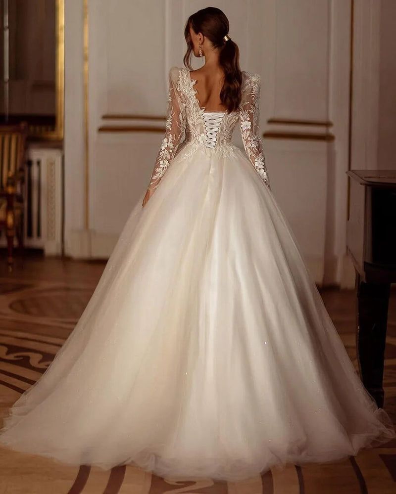 V-Neck Long-Sleeve Lace Ball Gown Wedding Dress - product photo 3