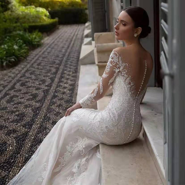V-Neck Long-Sleeve Lace Mermaid Wedding Dress with Open Back - product photo