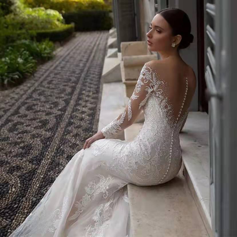 V-Neck Long-Sleeve Lace Mermaid Wedding Dress with Open Back