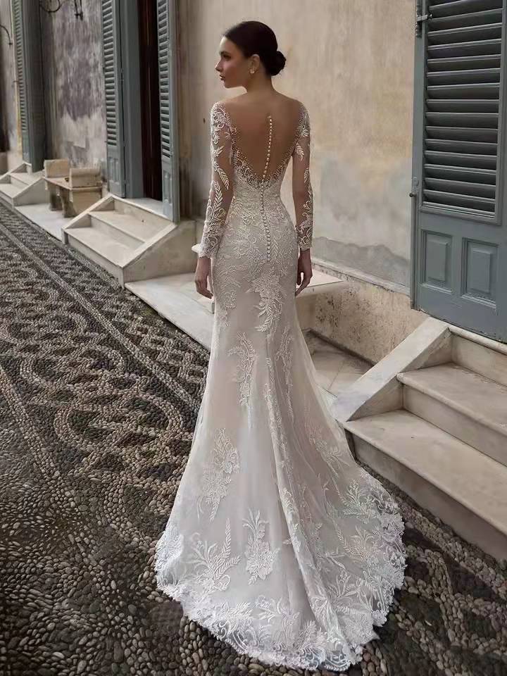 V-Neck Long-Sleeve Lace Mermaid Wedding Dress with Open Back - product photo 2
