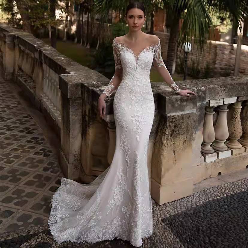 V-Neck Long-Sleeve Lace Mermaid Wedding Dress with Open Back - product photo 3
