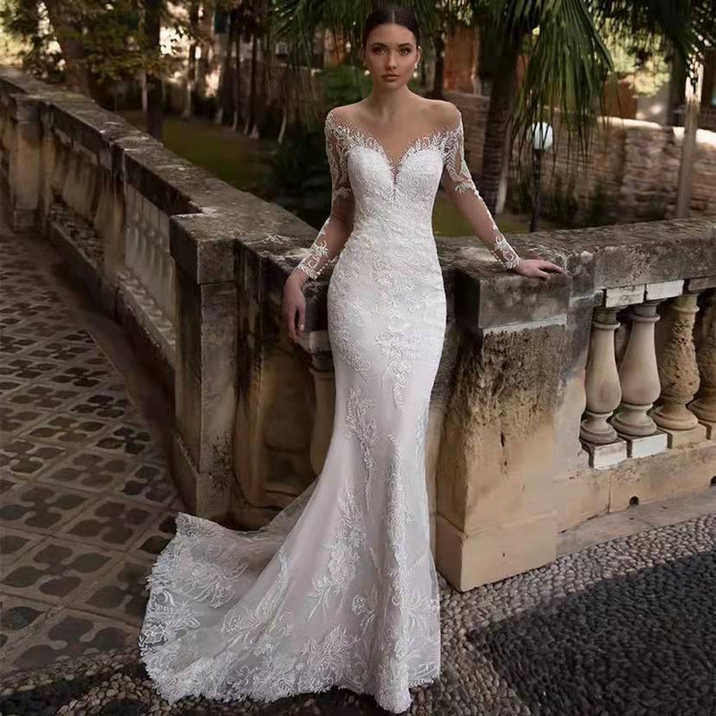 V-Neck Long-Sleeve Lace Mermaid Wedding Dress with Open Back - product photo 3