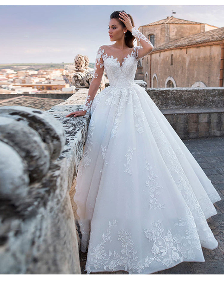 V-Neck Lace A-Line Wedding Dress with Long Sleeves - product photo 2