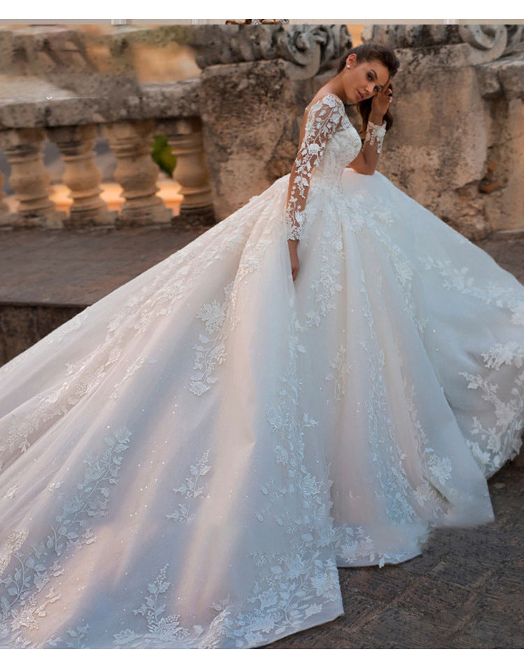 V-Neck Lace A-Line Wedding Dress with Long Sleeves - product photo 3
