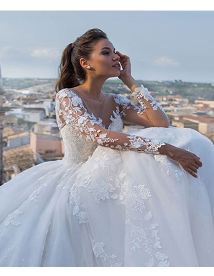 V-Neck Lace A-Line Wedding Dress with Long Sleeves - product photo 4