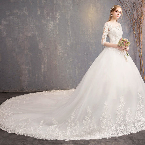 Long-Sleeve High-Neck Lace Ball Gown Wedding Dress - product photo