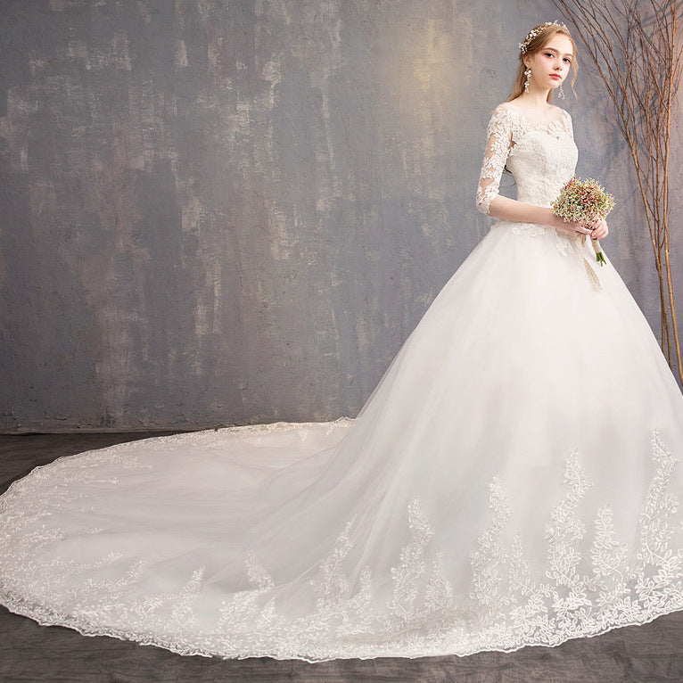 Long-Sleeve High-Neck Lace Ball Gown Wedding Dress