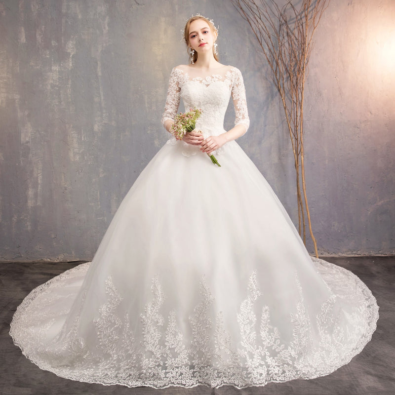 Long-Sleeve High-Neck Lace Ball Gown Wedding Dress - product photo 3