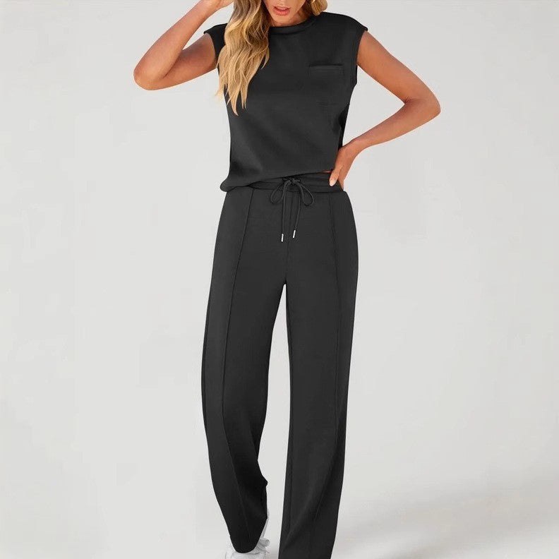 New casual solid color sleeveless top and high-waisted wide-leg pants for women