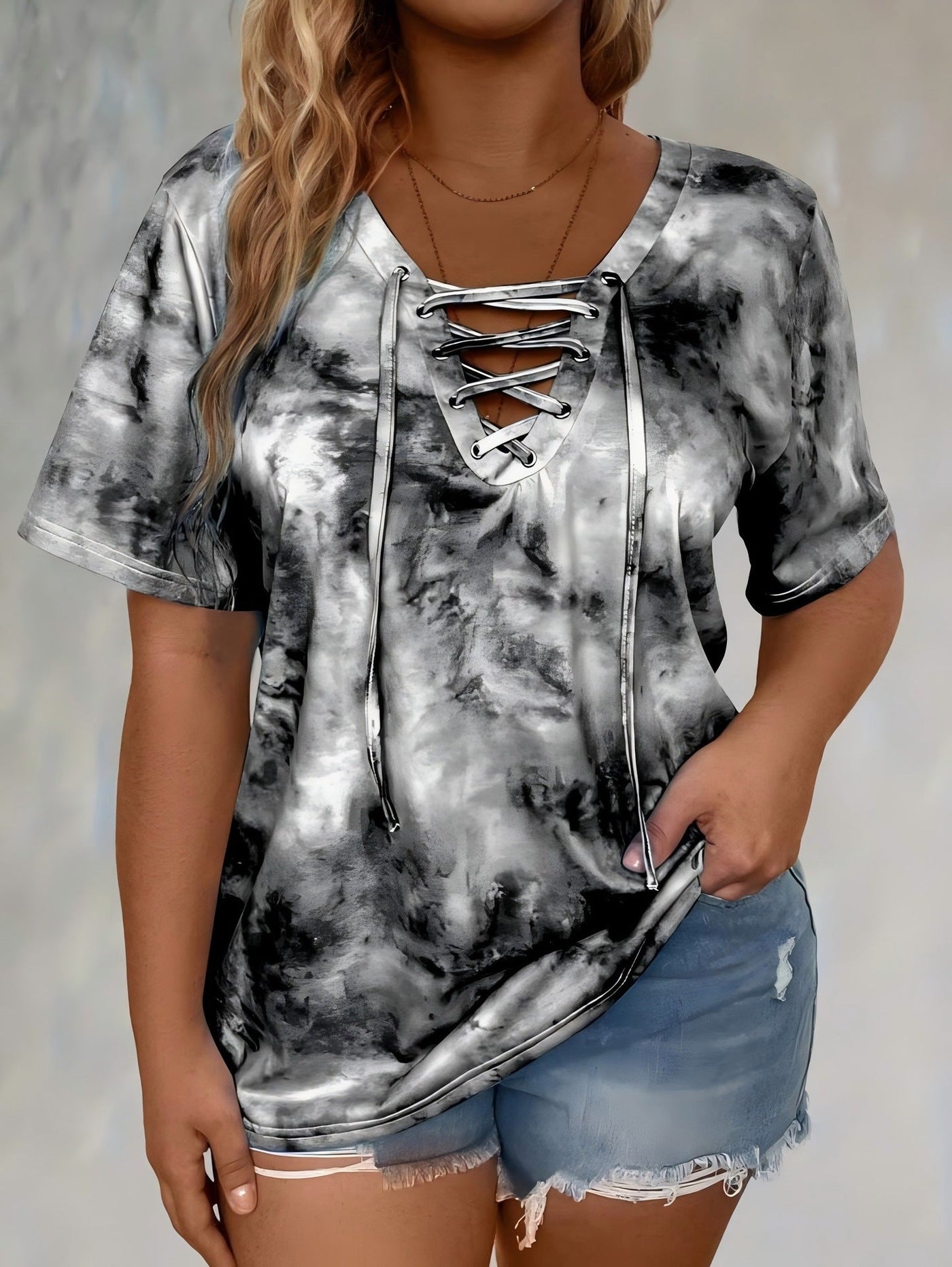 New women's tie-dye print drawstring casual fashion short-sleeved top