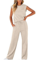 New casual solid color sleeveless top and high-waisted wide-leg pants for women
