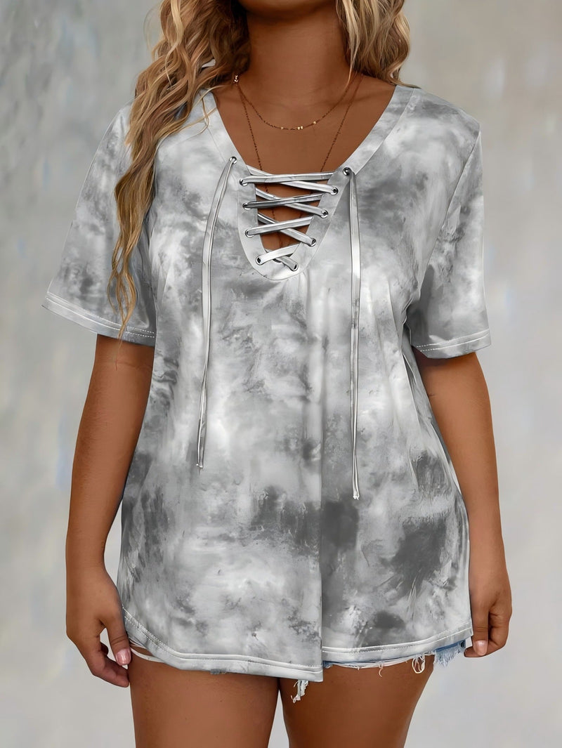 New women's tie-dye print drawstring casual fashion short-sleeved top