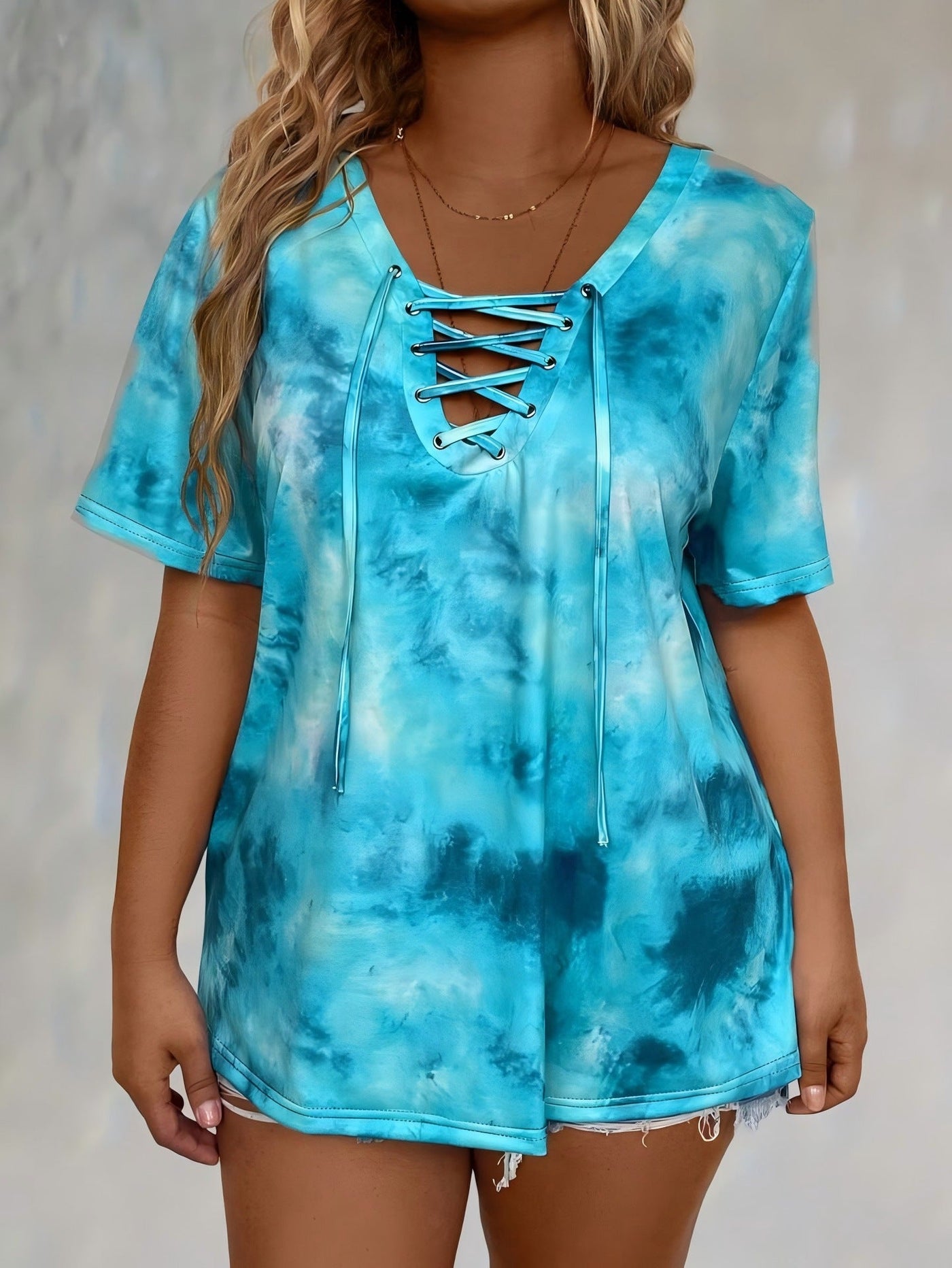 New women's tie-dye print drawstring casual fashion short-sleeved top