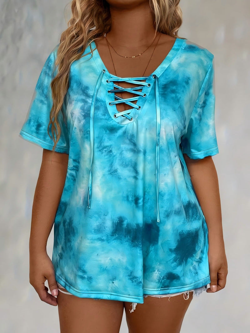 New women's tie-dye print drawstring casual fashion short-sleeved top