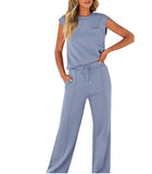 New casual solid color sleeveless top and high-waisted wide-leg pants for women
