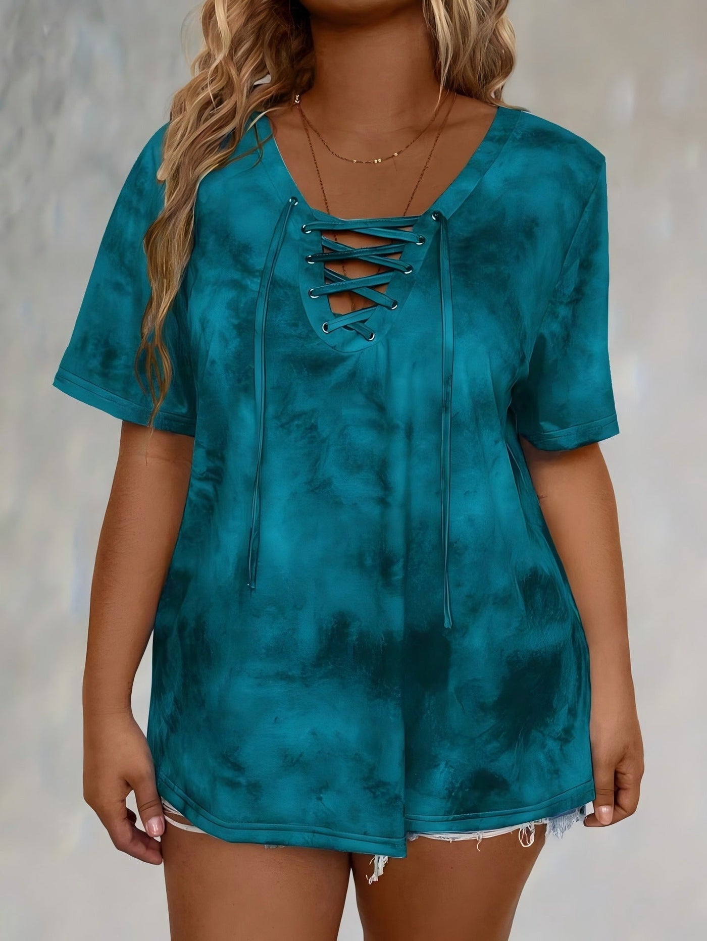 New women's tie-dye print drawstring casual fashion short-sleeved top