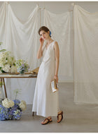 White Linen Cotton Blend Maxi Dress with Floral Embroidery for Women