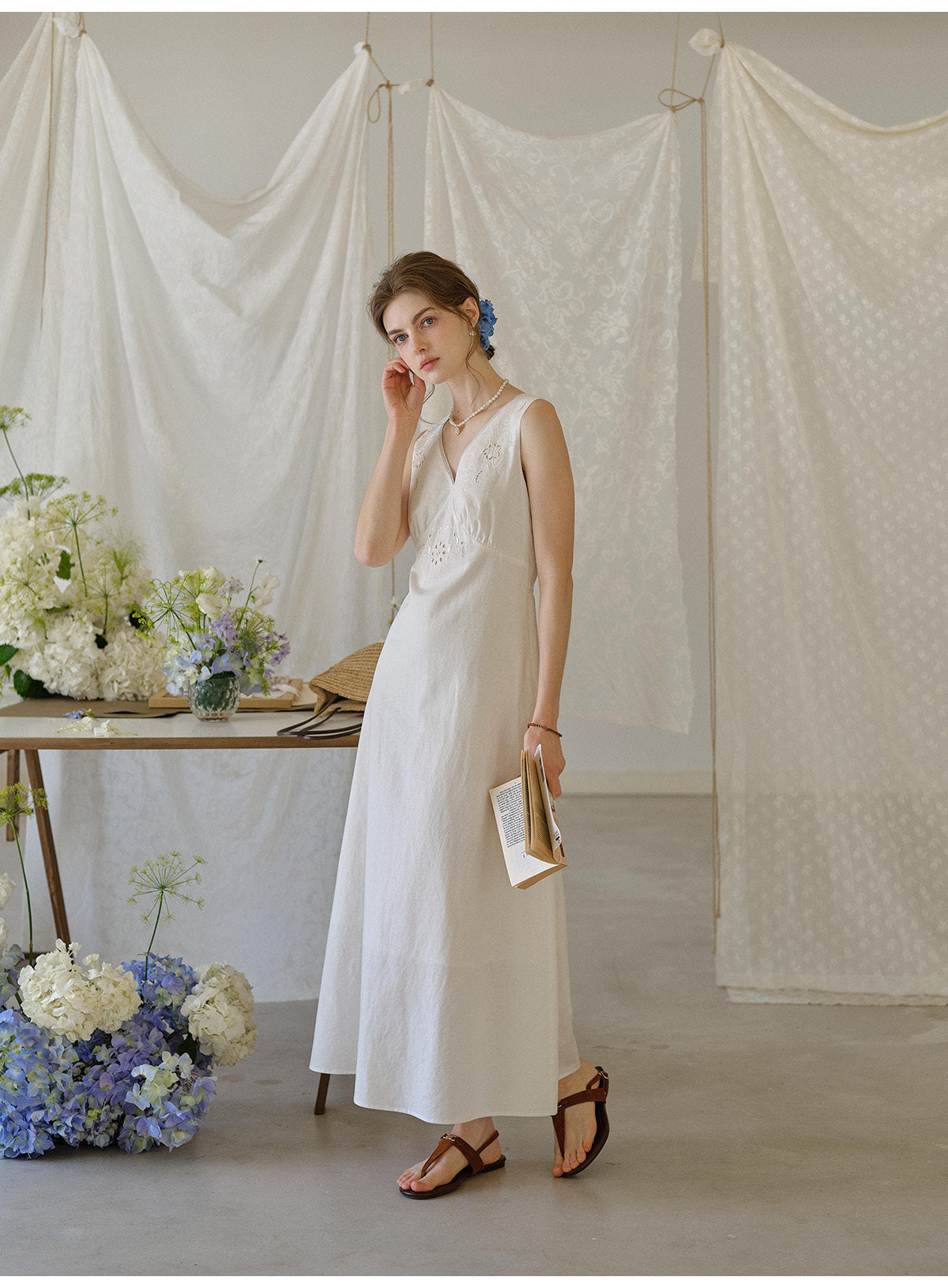 White Linen Cotton Blend Maxi Dress with Floral Embroidery for Women