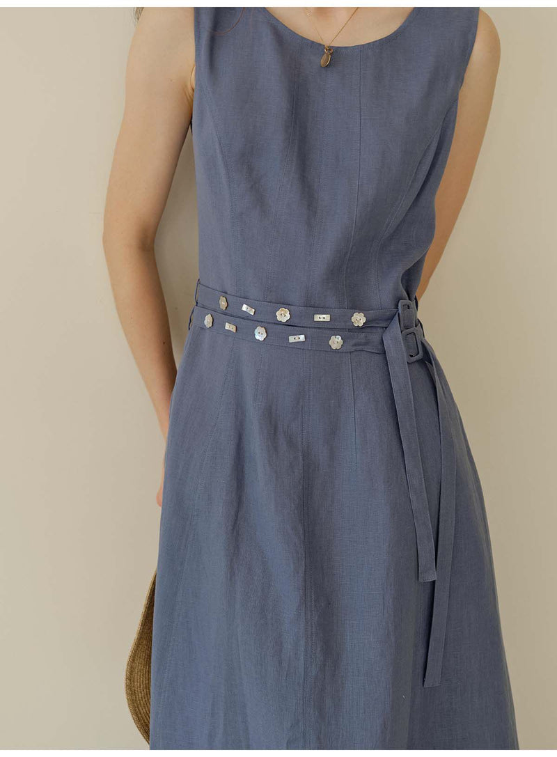 Women's Linen Lyocell Blend Sleeveless Midi Dress | A-Line Belted Dress
