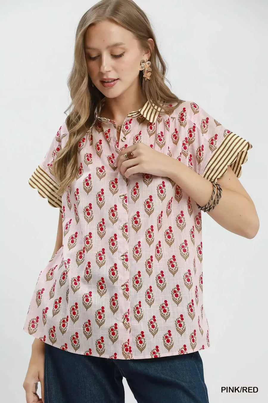 Block Print Button-Front Shirt with Contrast Stripe Point Collar