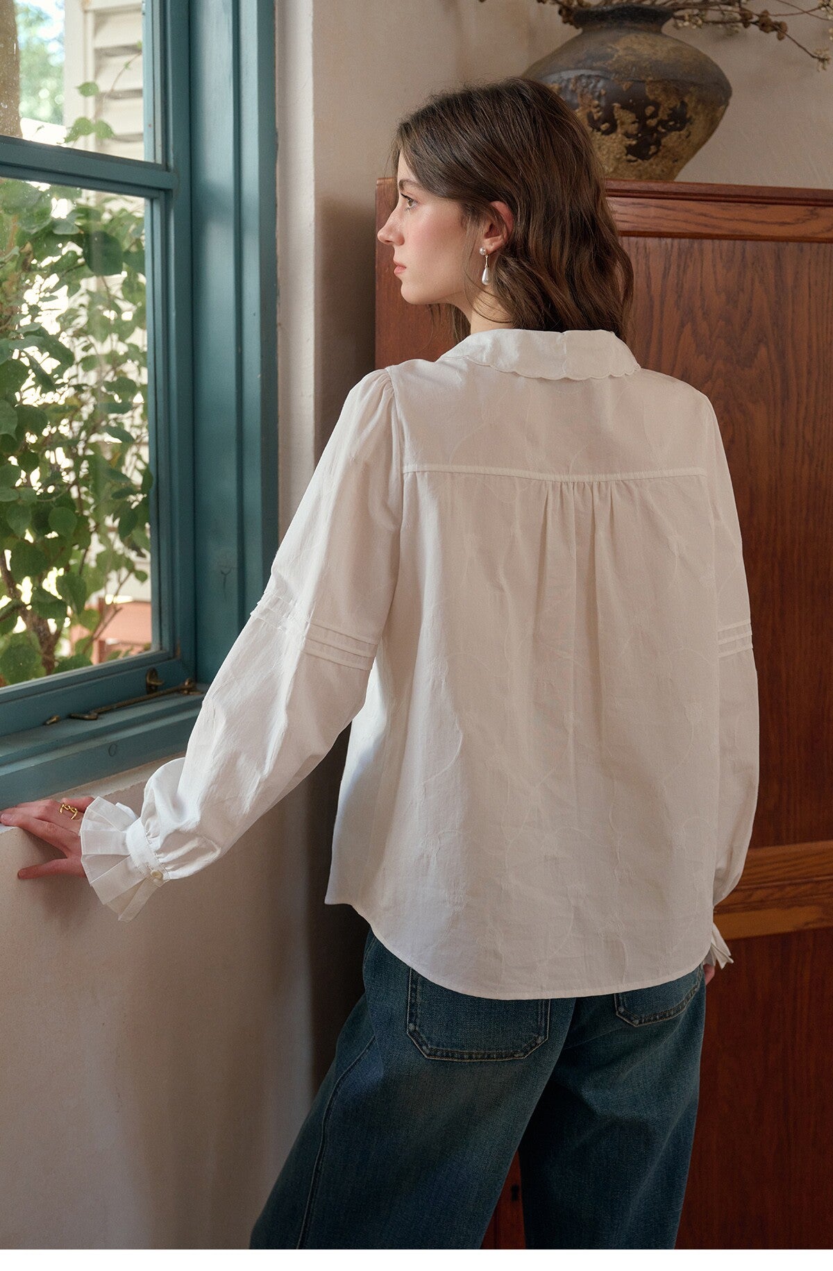 French Style Embroidered Cotton Lyocell Blouse Women Asymmetric Bow Collar Shirt