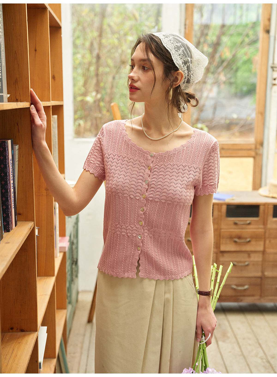 French Style Hollow Knit Short Sleeve Cardigan, Linen-Look Breathable Top, 2 Colors