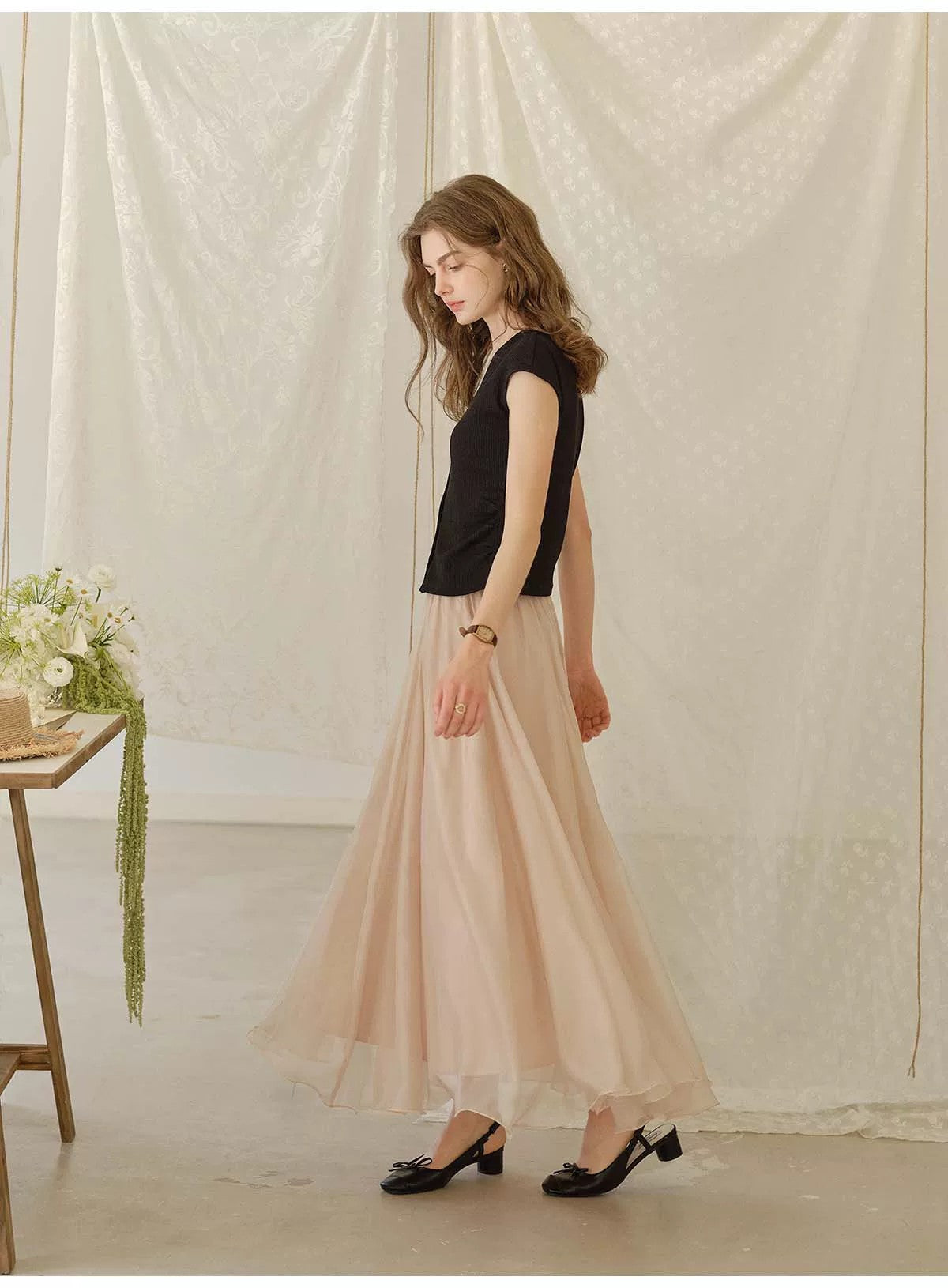 Nude Chiffon Flowy Maxi Skirt, Korean Style Elegant High Waist A-Line Long Skirt