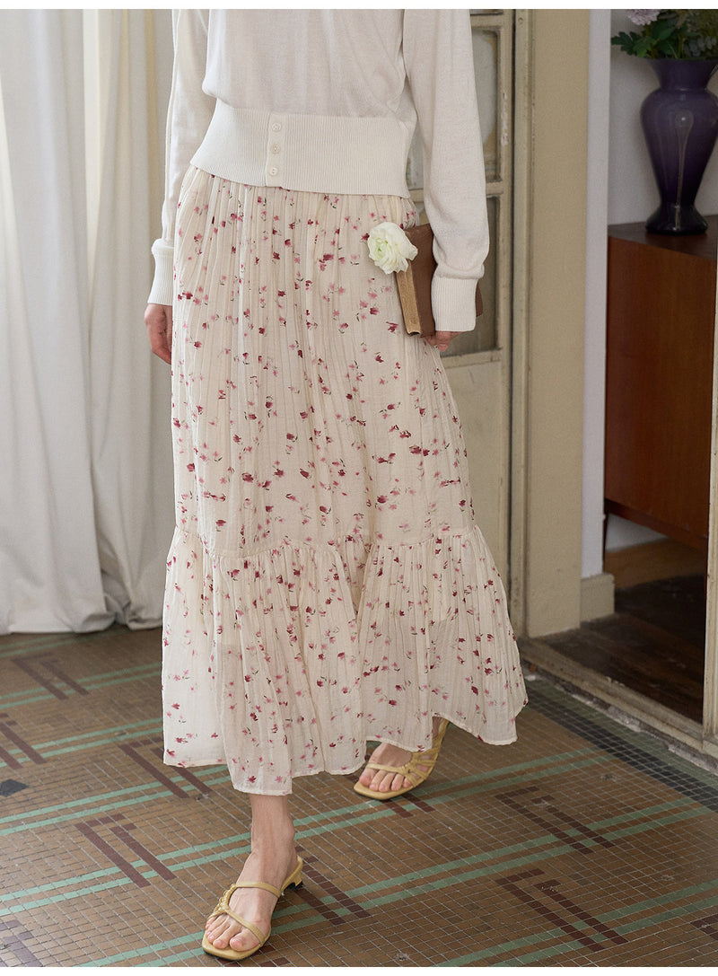French Vintage Floral Tencel Midi Skirt