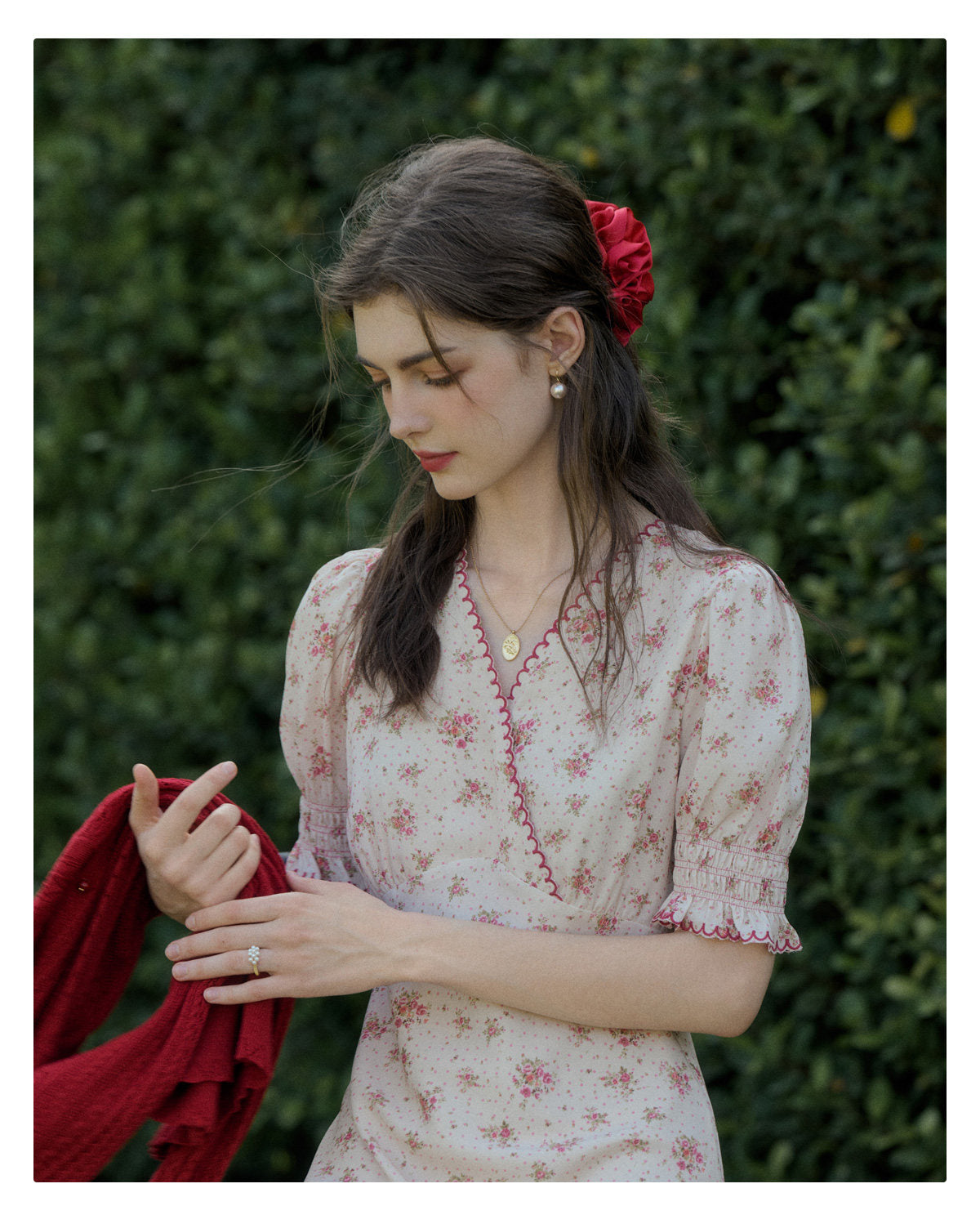 Women's French Floral Print Midi Dress | V-Neck Puff Sleeve Tea Party Dress