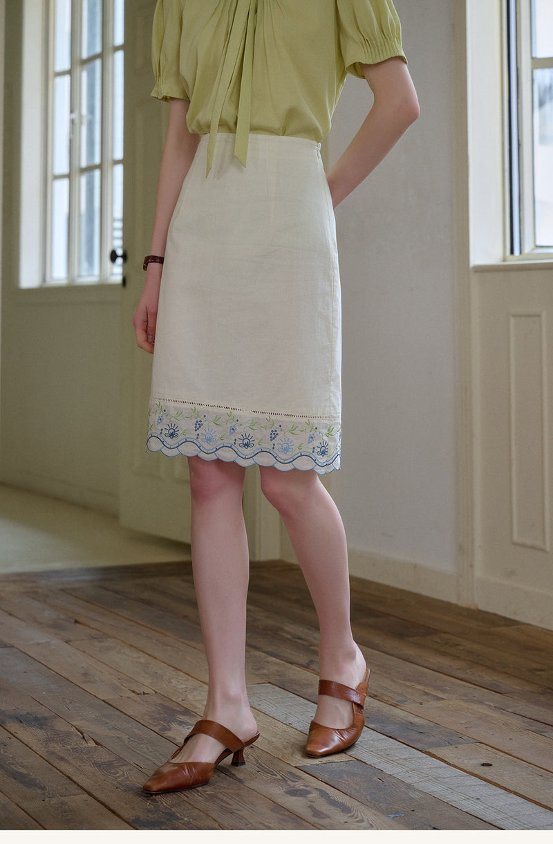 Embroidered Cotton Two-Piece Set Peter Pan Collar Blouse & Midi Skirt
