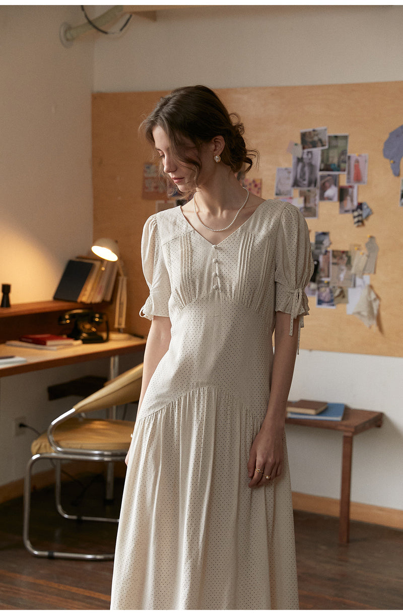 French Style Polka Dot V-Neck Dress, Linen-Blend Puff Sleeve Long Dress for Women, Casual Holiday Maxi Dress