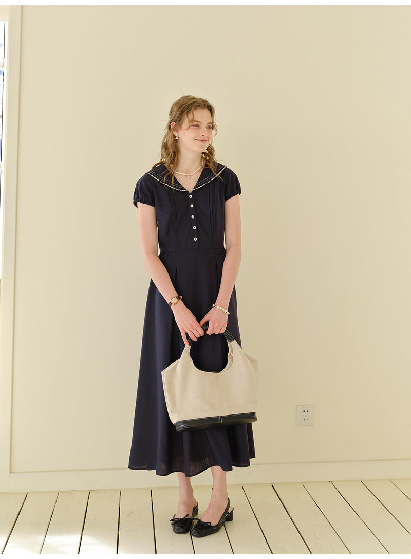 French Sailor Collar Lyocell Linen A-Line Midi Dress