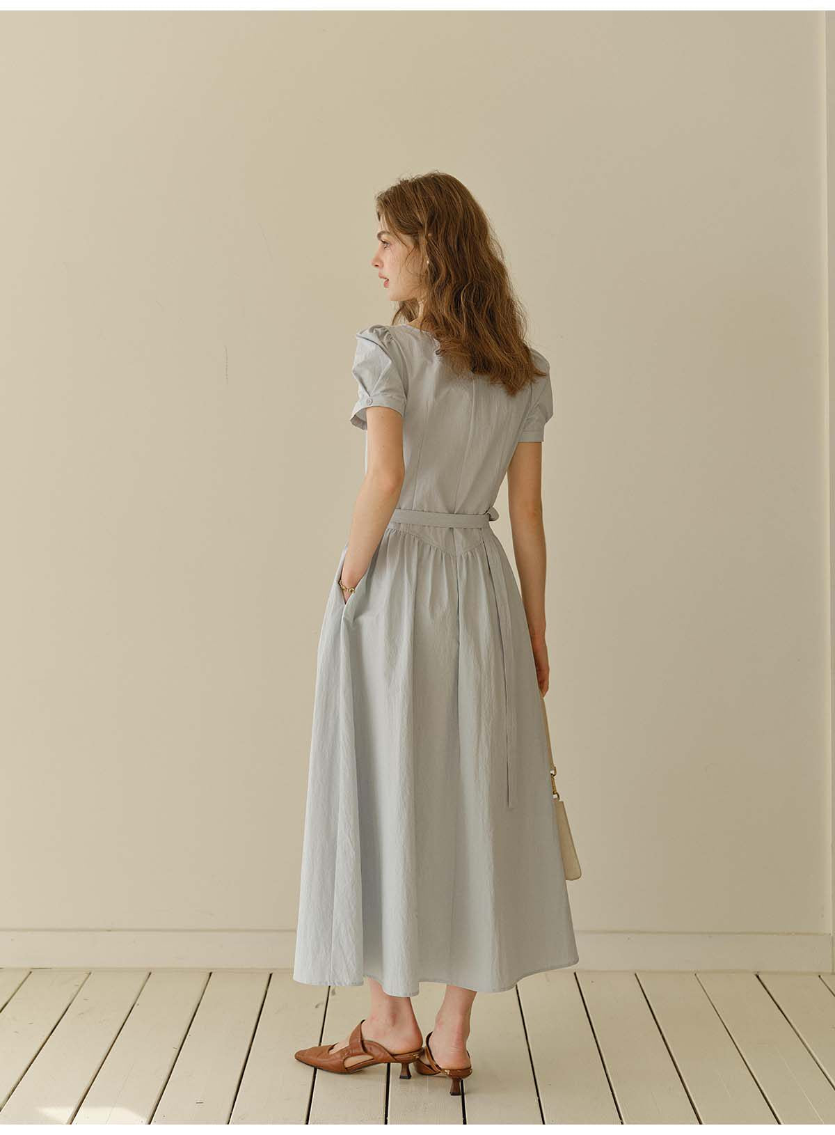 Women's French Lace V-Neck Midi Dress | Belted Puff Sleeve Cotton Blend Dress