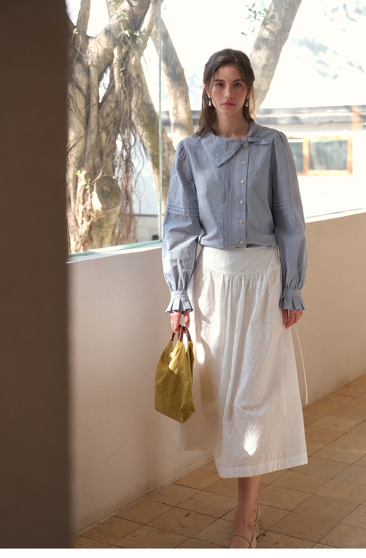 French Style Embroidered Cotton Lyocell Blouse Women Asymmetric Bow Collar Shirt