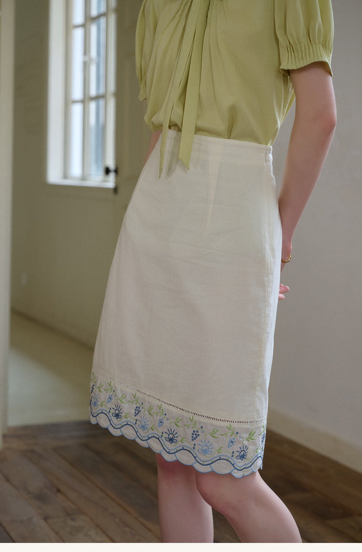 Embroidered Cotton Two-Piece Set Peter Pan Collar Blouse & Midi Skirt