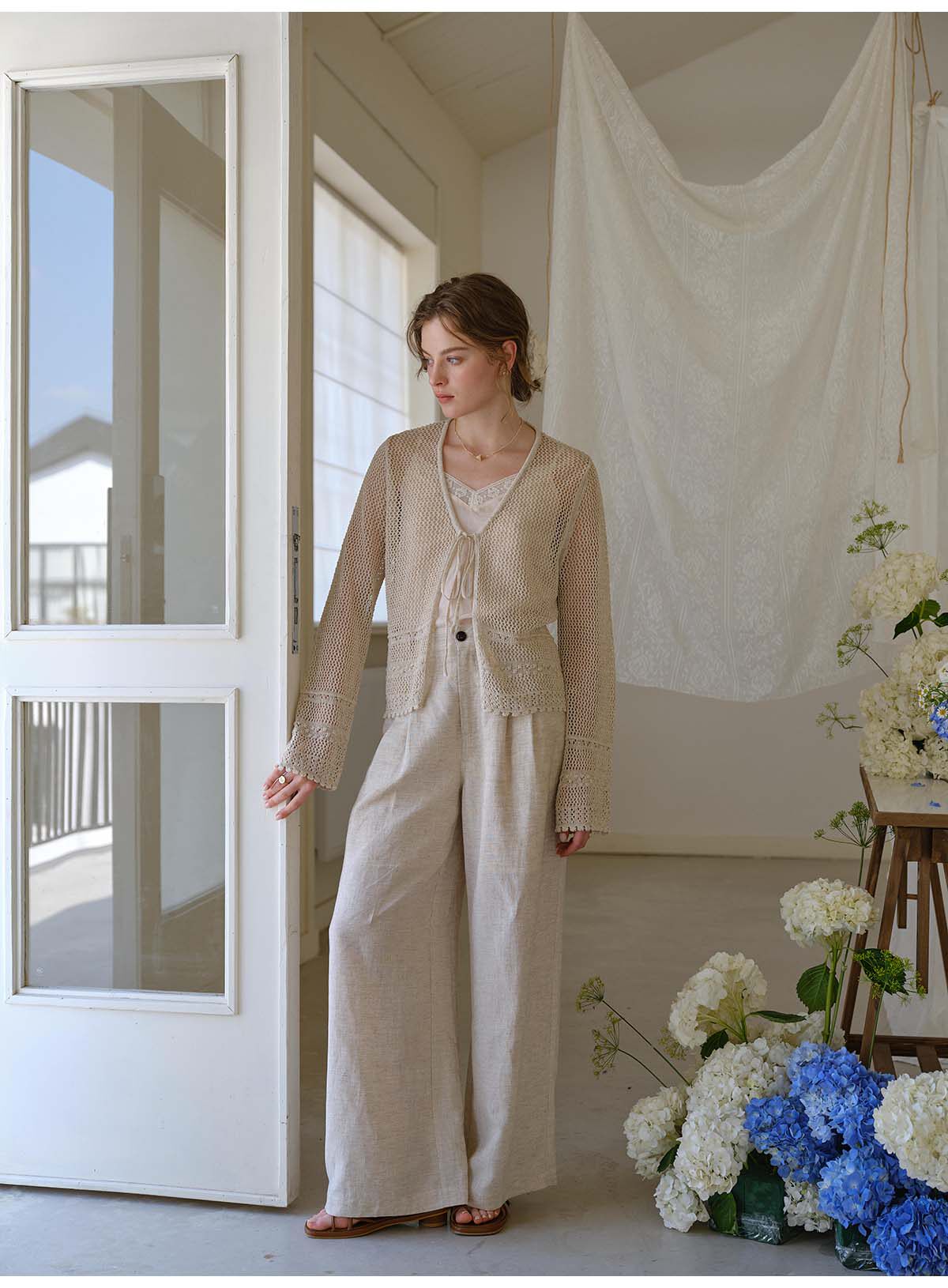 French Openwork Tie-Front Lyocell Linen Knit Cardigan