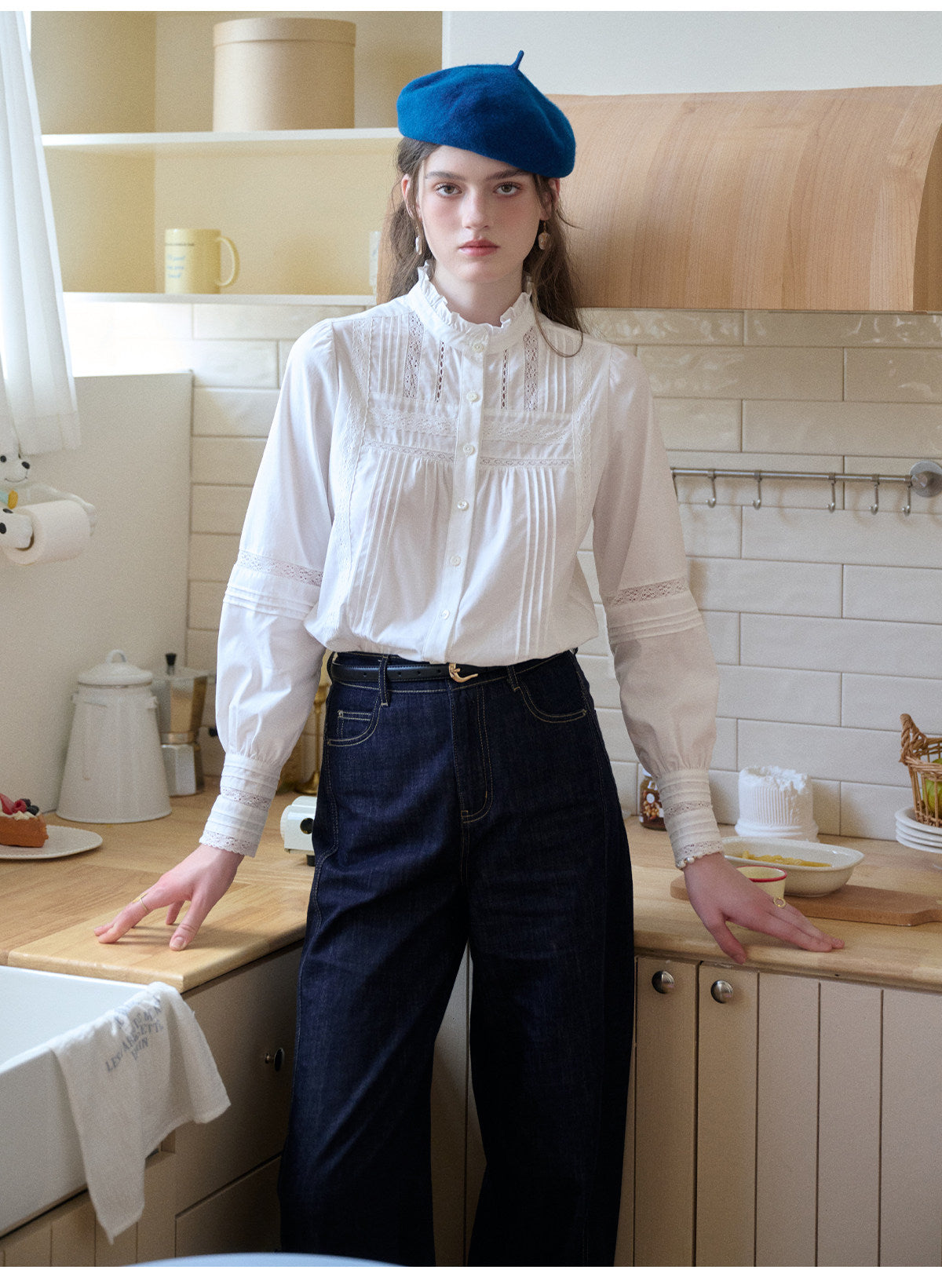 French Lace Ruffled Collar Lyocell Cotton Blouse