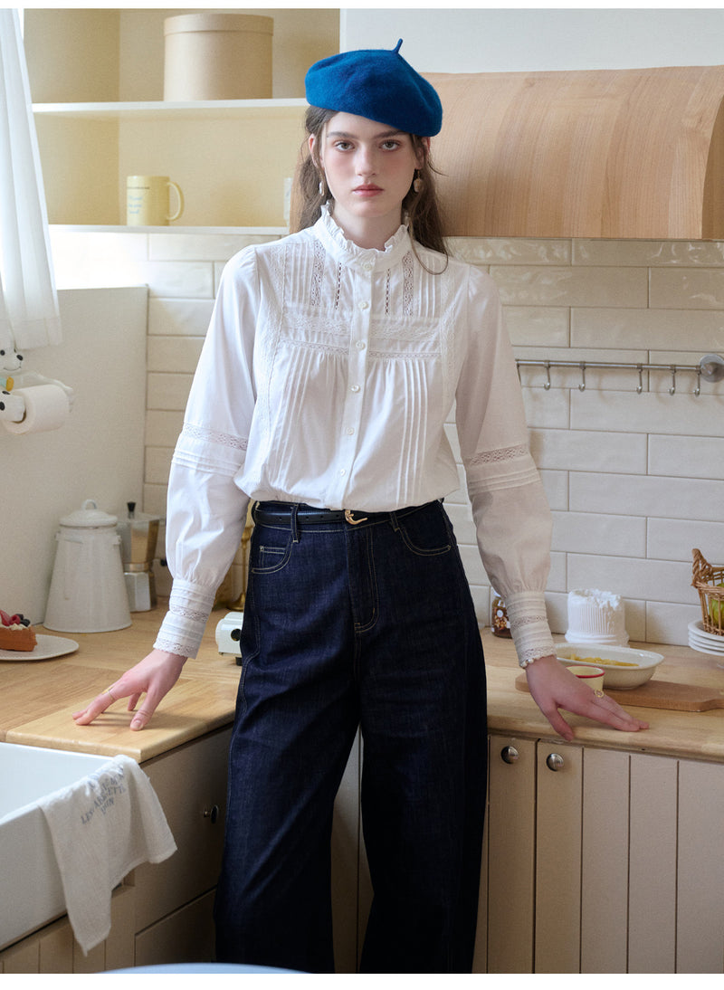 French Lace Ruffled Collar Lyocell Cotton Blouse
