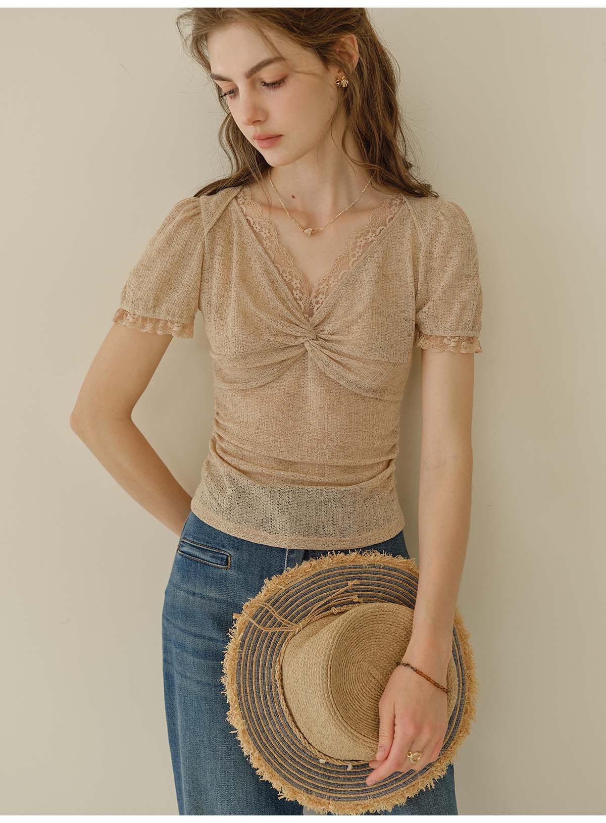 French Linen Texture V-Neck Knit Top