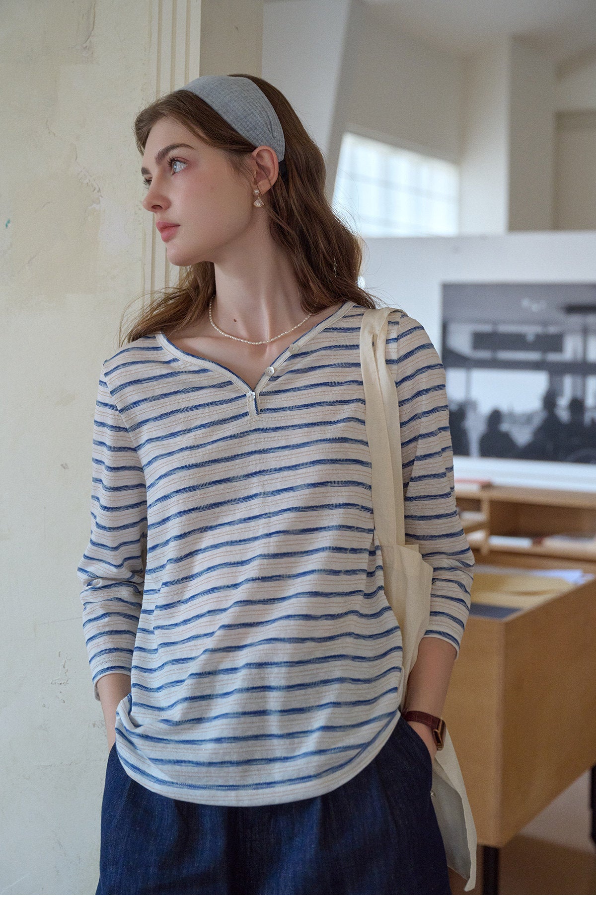 French Striped Henley Neck Lyocell T-Shirt