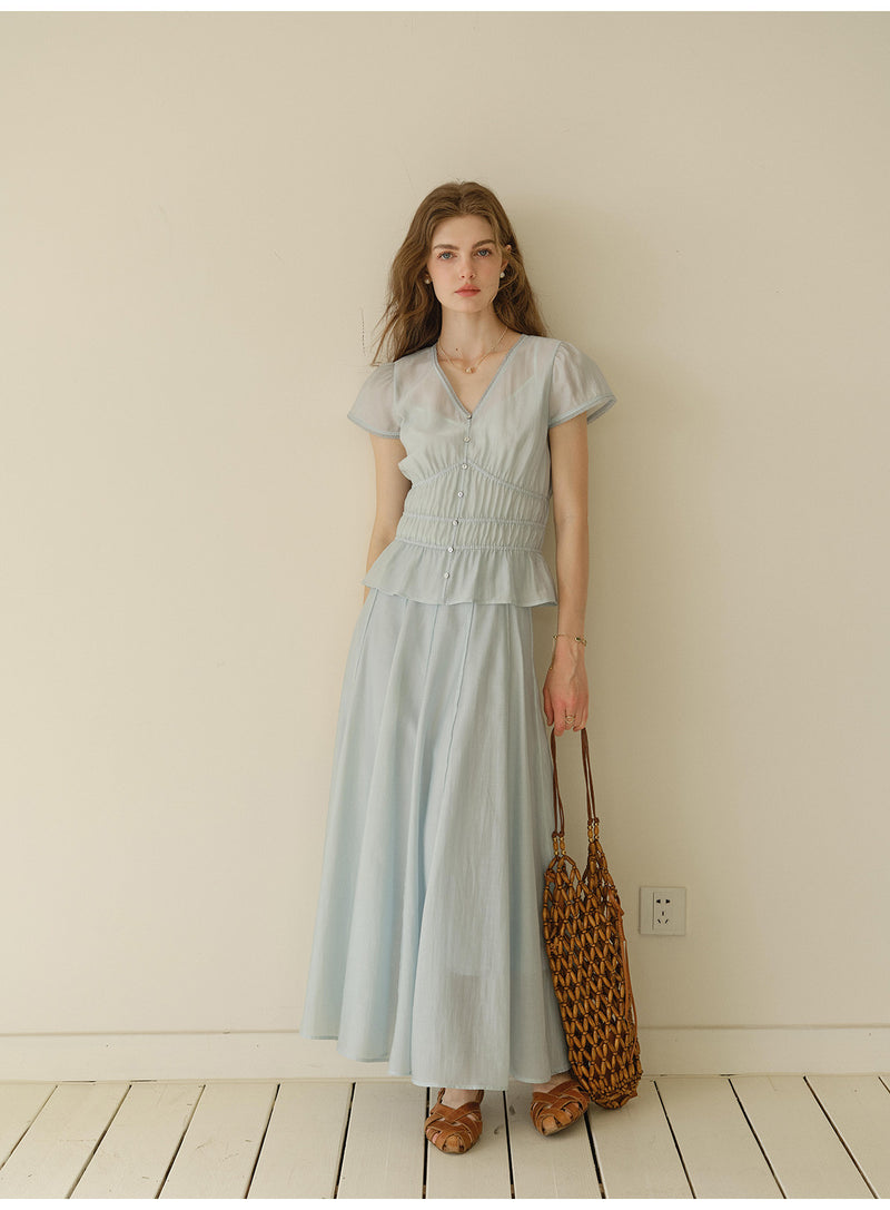 Women's Lyocell V-Neck Blouse & Maxi Skirt Set | French Style Two-Piece Outfit