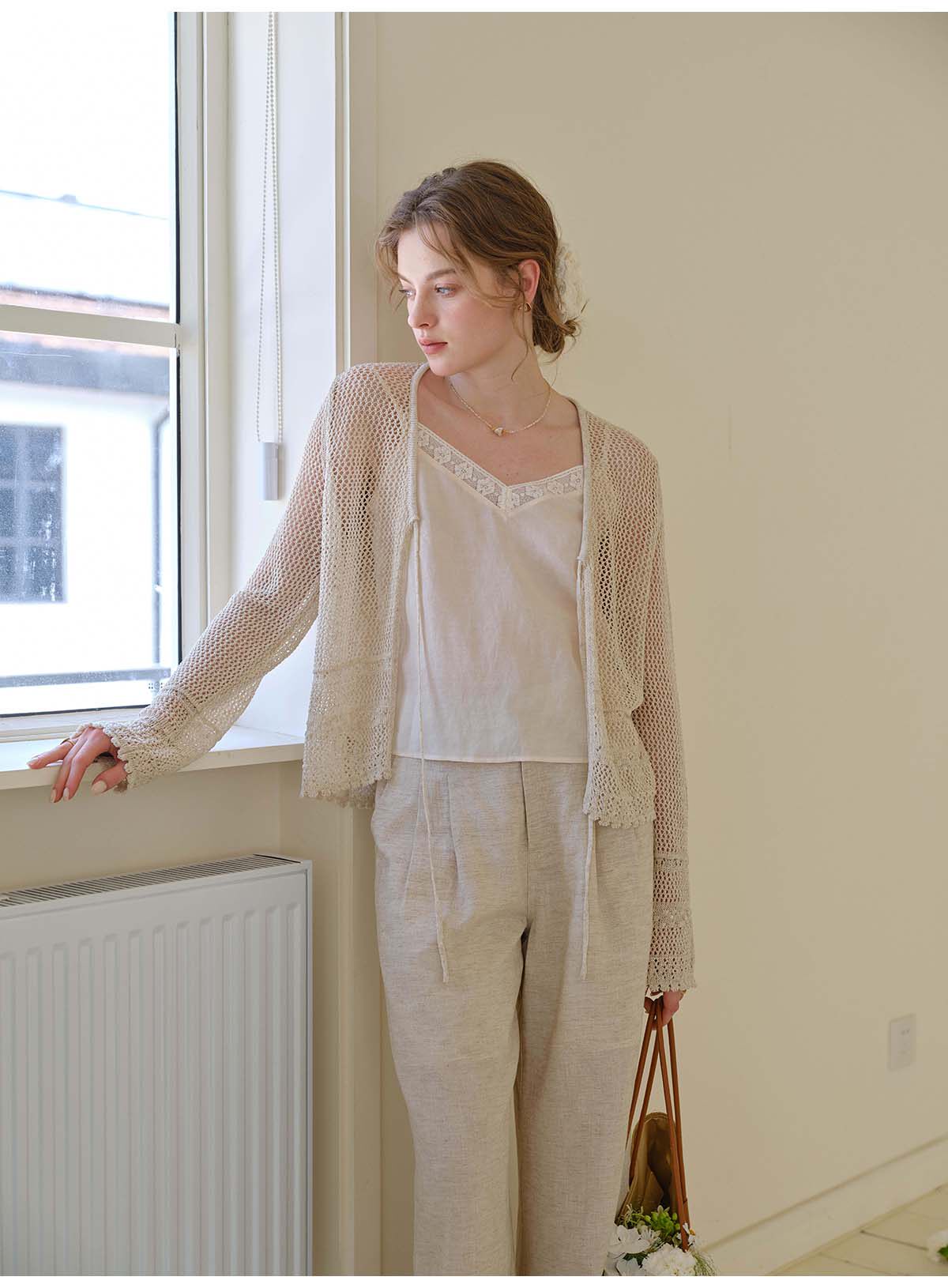 French Openwork Tie-Front Lyocell Linen Knit Cardigan