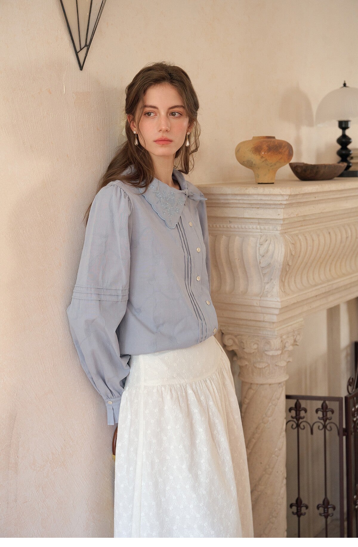 Women's Cotton Lyocell Blend Jacquard Blouse | Embroidered Asymmetric Bow Collar Shirt